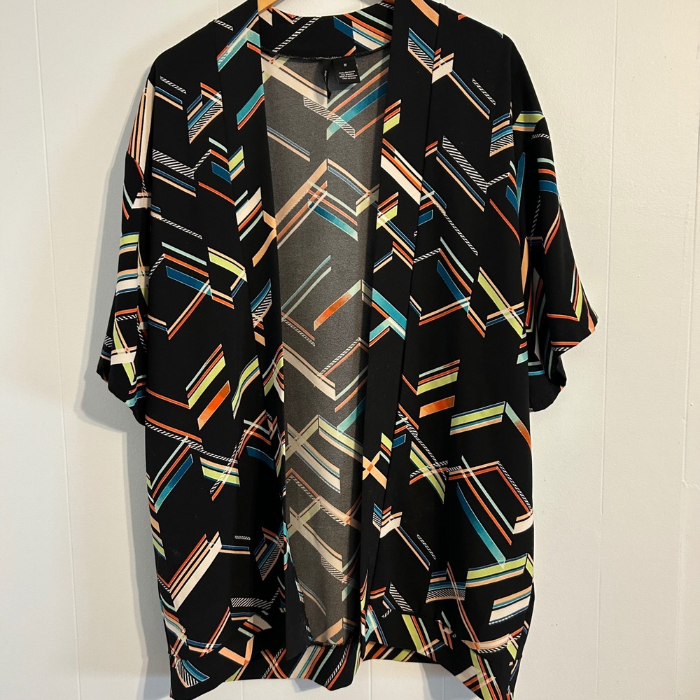 New Directions‎ Womens Kimono Cardigan Black Geometric Chevron Print Size M